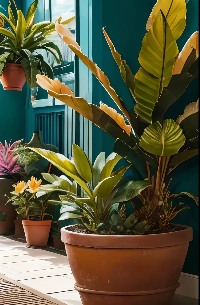there are two potted plants that are sitting in a pot, bromeliads, flowering pineapples, colorful tropical plants, beautiful plants, ❤🔥🍄🌪, tropical flower plants, large exotic flowers, blooming tropical flowers, blue and yellow fauna, tropical houseplants, cactus and flowers, flowering pineapples and orchids, huge flame fantasy plant, tropical flowers