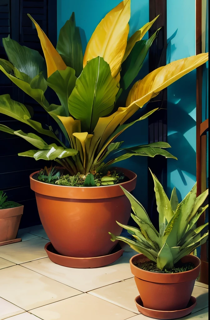 there are two potted plants that are sitting in a pot, bromeliads, flowering pineapples, colorful tropical plants, beautiful plants, ❤🔥🍄🌪, tropical flower plants, large exotic flowers, blooming tropical flowers, blue and yellow fauna, tropical houseplants, cactus and flowers, flowering pineapples and orchids, huge flame fantasy plant, tropical flowers