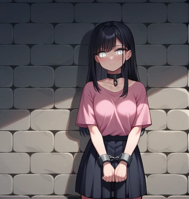 score_9, score_8_up, score_7_up, score_6_up, score_5_up, score_4_up, source_anime, 1girl, worth, black hair, loose hair, white eyes, Look down, chocker, w-w-chain, shackles ,put on hand's, long hair, pink shirt, wall, night, dungeon, best quality, best res, 4K UHD,
 