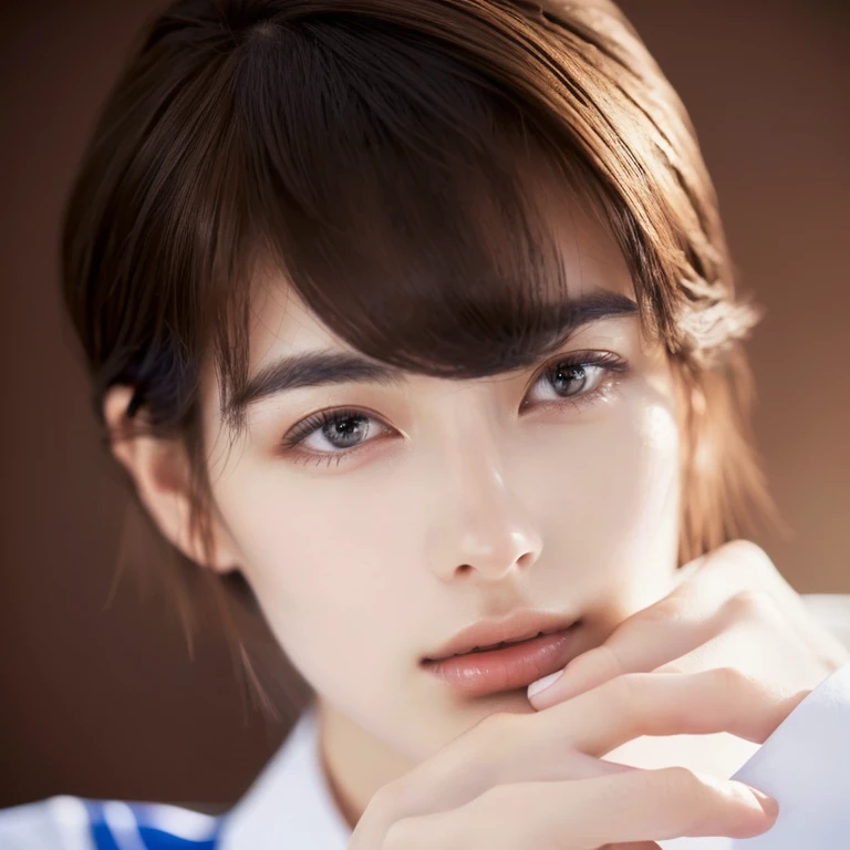 (masterpiece,best quality:1.4),(8k,raw photo,photo realistic:1.2),shiny skin,detailed skin,detailed face,detailed eyes,1girl, (((Japanese woman))), beautiful face, ( masterpiece , ultra Detailed ) , (((photo reality))), (((photo))), (((real))), (((haircut of uniform length))), straight hair, (((long hair))), (((brown hair))), (((brown eyebrows))), thin eyebrows, Downturned eyes, Sensual eyes, Pointy nose, delicate chin, alabaster skin, milky skin, Oblong face, (((looking at viewer)))