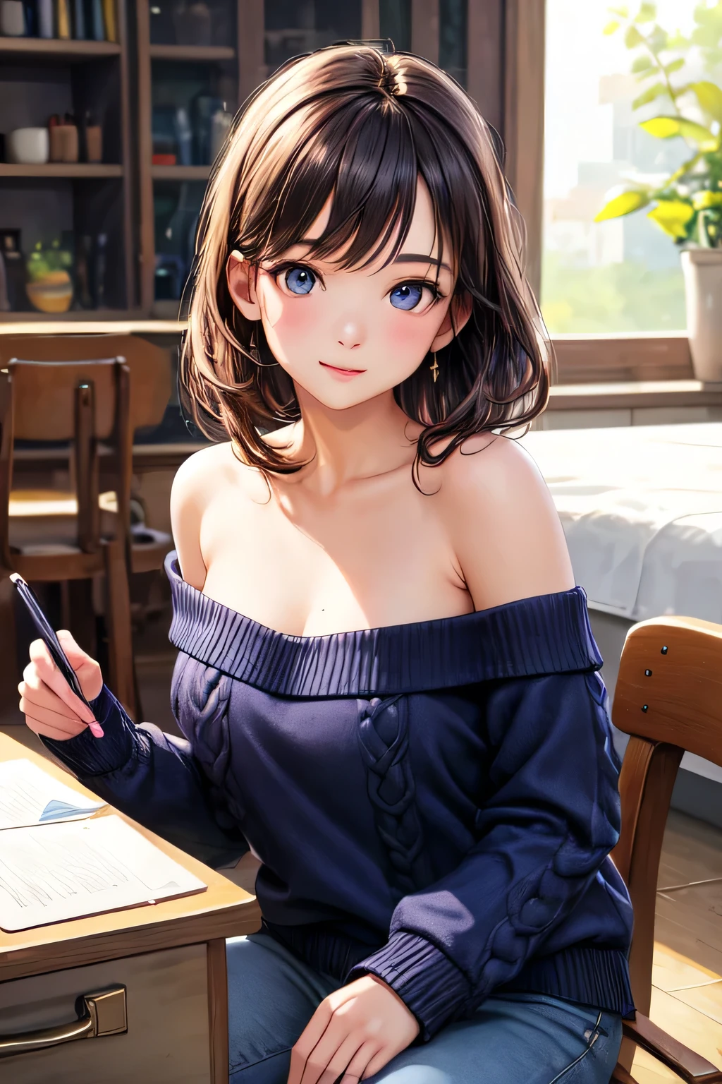 ((best quality)), ((masterpiece)), (detailed), 1girl, off-shoulder sweater,