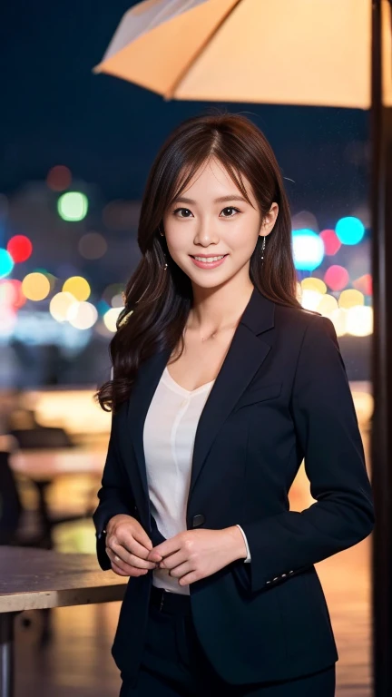 ((Tabletop:1.4, highest quality)), (Realistic photos:1.4),
((1 girl)), (Beautiful actress), (dream-like),
(超High resolution:1.2), Very delicate and beautiful, wonderful, Very detailed CG Unity 8k wallpaper, Very detailed, High resolution,
Soft Light, Beautiful detailed girl, Very detailedな目と顔, Beautiful and detailed nose, Beautiful and detailed,
(business suit:1.3),
Cinema Lighting, Perfect Anatomy, Slender body,
(Office district at night after the rain:1.3), (Night lights),
Cowboy Shot, Looking at the audience, Old-fashioned smile
