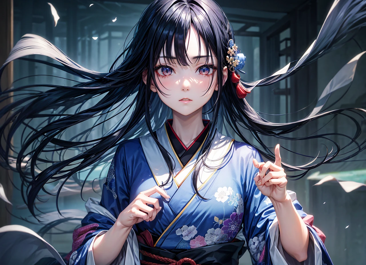 Japanese girl, black hair, kimono, dark eyes, blue subtones, long hair, loose hair, face zoom, pale skin pretty pose dark blue hair