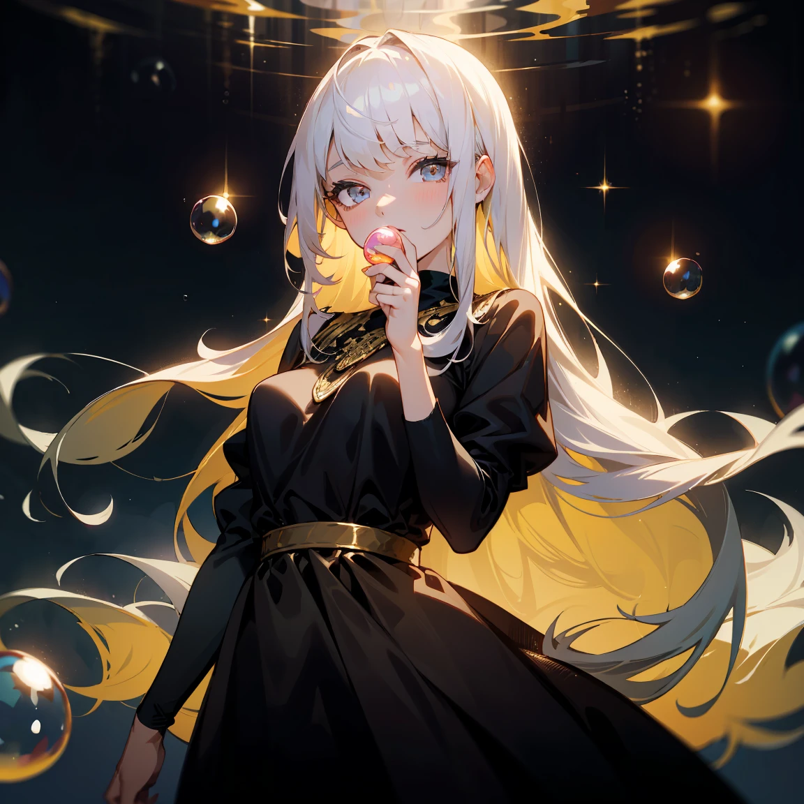 1 adult, masterpiece, best quality, woman, look at the viewer, ((she touching a bubble)), in the universe, with a black dress, golden details, ((looking pretty)), ((very confident)), white hair, silver eyes, long straight hair, many bubbles around, beautiful body, self-confident, powerful, epic, bubbles falling