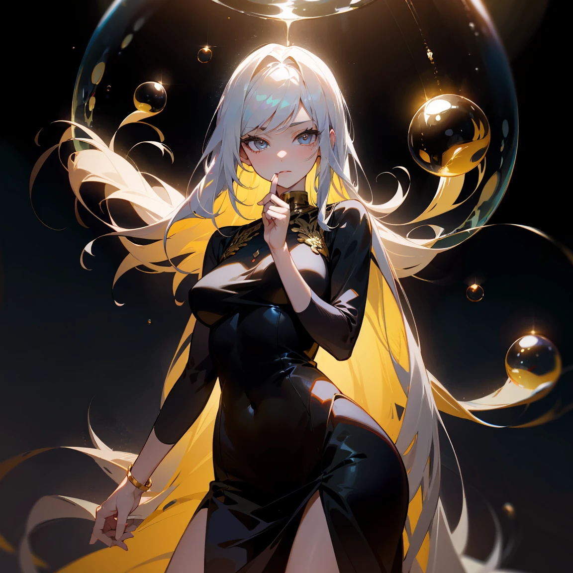 1 adult, masterpiece, best quality, woman, look at the viewer, ((she touching a bubble)), in the universe, with a black dress, golden details, ((looking pretty)), ((very confident)), white hair, silver eyes, long straight hair, many bubbles around, beautiful body, self-confident, powerful, epic, bubbles falling