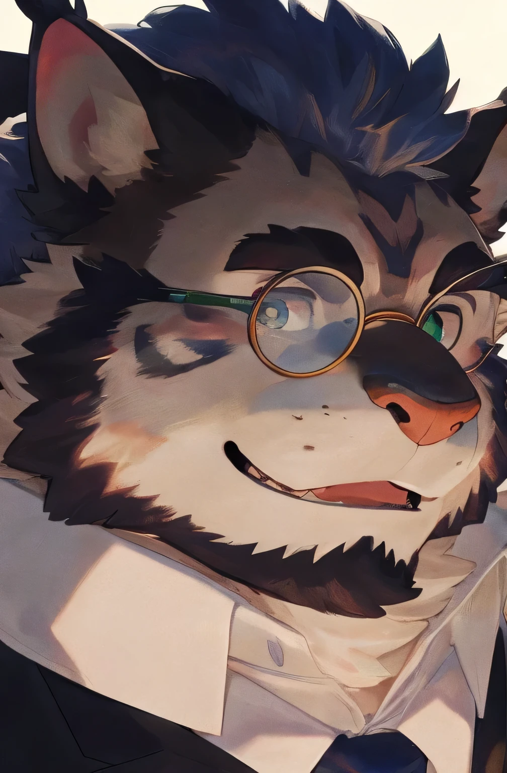 (hairy,The Art of Hairy,best quality,whole body,Eye details,1 male,Solitary,Anime style,Personification,8k,The best eyes,Clear lines,High Dynamic Range,high quality,high resolution,masterpiece) An orc,Lynx,manul,Pallas's cat,Gray hair,A solemn expression,Vertical pupil,heterochromia(One blue and one gold),suns(Two feet,Claw,Pink paw pads,Thick feet,pink pawpads,smooth,Raised,highlight,Enlarge the size of your feet according to your body shape),Crotch bulge,High and high,Smiling emoticon,Head Personification,Fat face,Round Face,The face is plump,tall,Strong body,the strong,Thick Legs,Black-rimmed glasses,bartender,Butler costume,Polite actions,grace,Black suit,Monocle,whole body,Three View