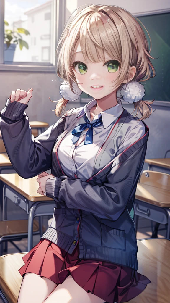 masterpiece, Highest quality, High resolution, ui2, One Girl, alone, Green Eyes, alone, Red Skirt, White shirt, Low Twintails, pom-pom \(Clothes\), Collared shirt, Blue Ribbon,, Long sleeve, cardigan,Swimwear,Cowboy Shot, Sitting, classroom, mechanical, put your hands on the table, smile, Show me your armpits, Raise your arms