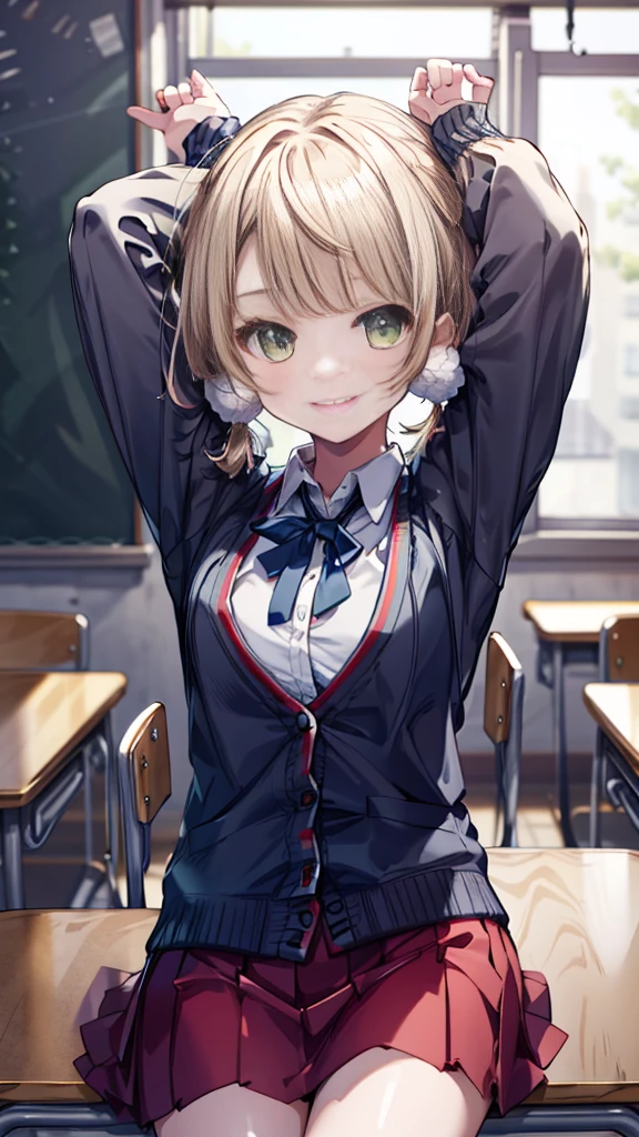 masterpiece, Highest quality, High resolution, ui2, One Girl, alone, Green Eyes, alone, Red Skirt, White shirt, Low Twintails, pom-pom \(Clothes\), Collared shirt, Blue Ribbon,, Long sleeve, cardigan,Swimwear,Cowboy Shot, Sitting, classroom, mechanical, put your hands on the table, smile, Show me your armpits, Raise your arms