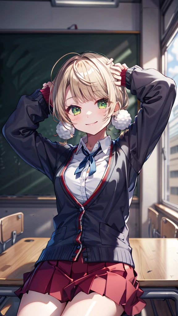 masterpiece, Highest quality, High resolution, ui2, One Girl, alone, Green Eyes, alone, Red Skirt, White shirt, Low Twintails, pom-pom \(Clothes\), Collared shirt, Blue Ribbon,, Long sleeve, cardigan,Swimwear,Cowboy Shot, Sitting, classroom, mechanical, put your hands on the table, smile, Show me your armpits, Raise your arms