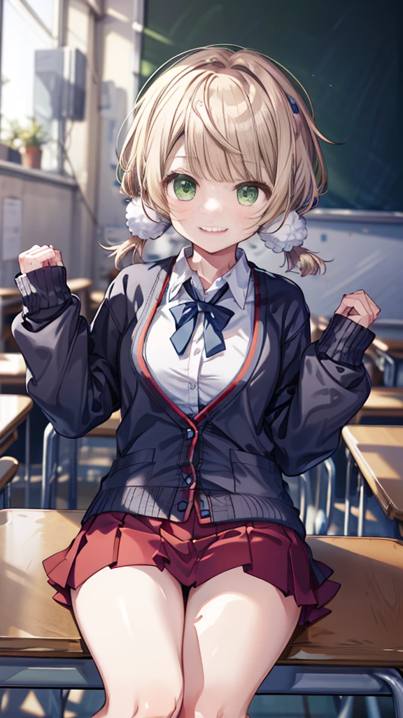masterpiece, Highest quality, High resolution, ui2, One Girl, alone, Green Eyes, alone, Red Skirt, White shirt, Low Twintails, pom-pom \(Clothes\), Collared shirt, Blue Ribbon,, Long sleeve, cardigan,Swimwear,Cowboy Shot, Sitting, classroom, mechanical, put your hands on the table, smile, Show me your armpits, Raise your arms