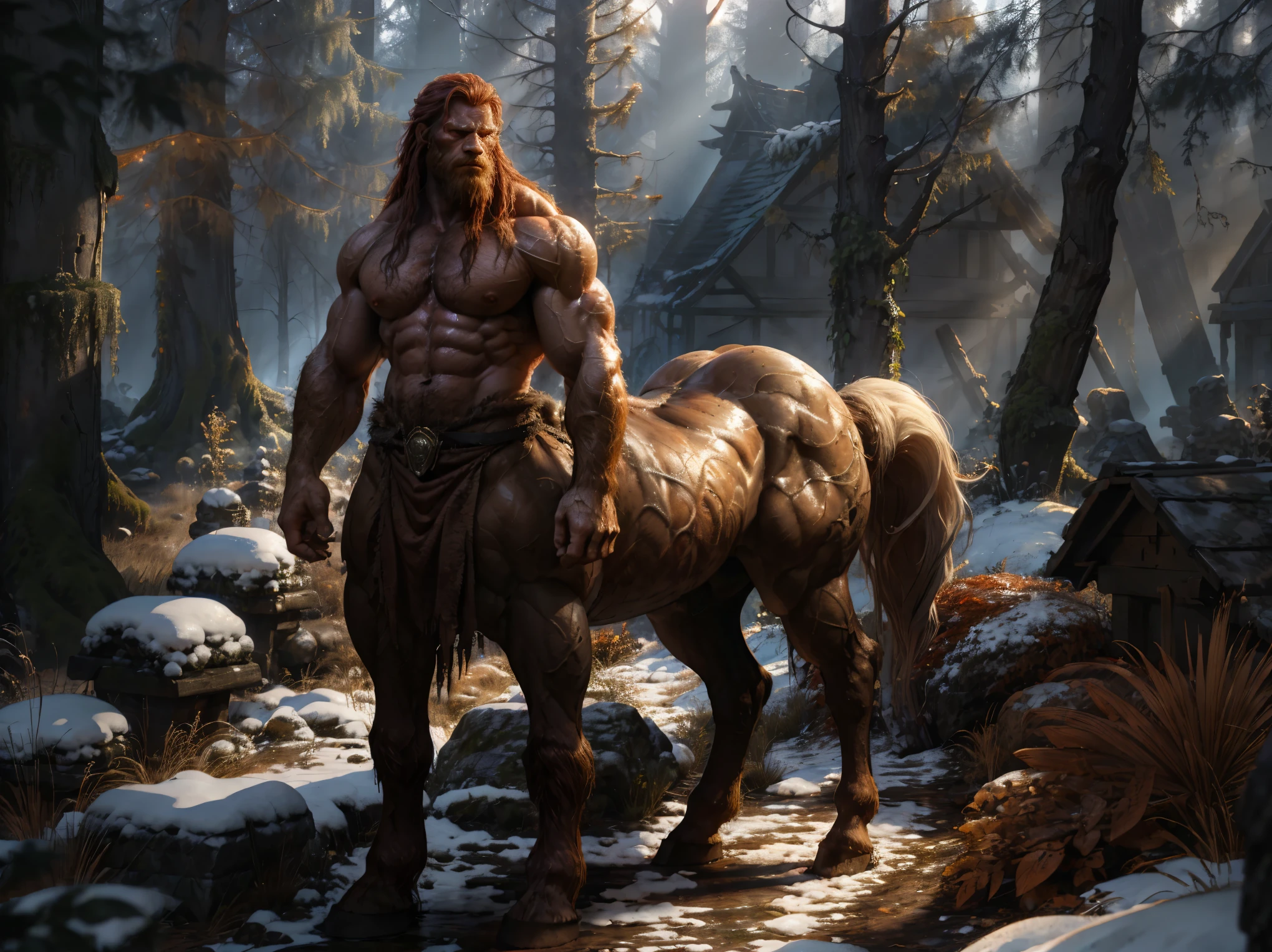 Very detailed, full color, full body photograph of a centaur..:1.2, standing, high, long red hair, Red hair, gauntlets, showing chest, ((hairy chest+)) Caucasian, ((White skin)) raising a victorious arm, detailed muscular physique, Realistic representation, 4k resolution. below: dark and snowy forest, ruins of an old town 32k uhd, Best Quality, masterpiece.