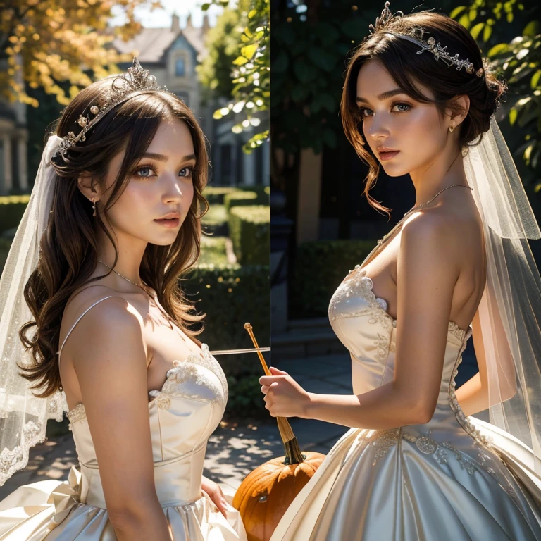 (​masterpiece, best quality:1.5), highest quality, High resolution, super detailed, Realists, Upper body photo of a brunette young magical girl, detailed and beautiful eyes, beautiful detailed lips, very detailed eyes and face, longeyelashes, white satin wedding dress, Holding a magic wand in your hand, Cast a transformation spell, With her magic wand she turns a pumpkin into a carriage, Glowing wands available,Beautiful and colorful makeup, elegant and noble々The jewelry bag, Gardens as background, soft daylight, bright colors, fine brushstrokes, Portrait style, Silk dress fabric, beautiful color palette, glowing skin, First-class rendering, that captures every detail, enchanting atmosphere, subtle shadows and lights, (perfect anatomy:1.2), (The stunning magical girl in a wedding dress turns a pumpkin into a carriage. (a transformation with the magic wand:1.4), (magnificent panorama view:1.2)