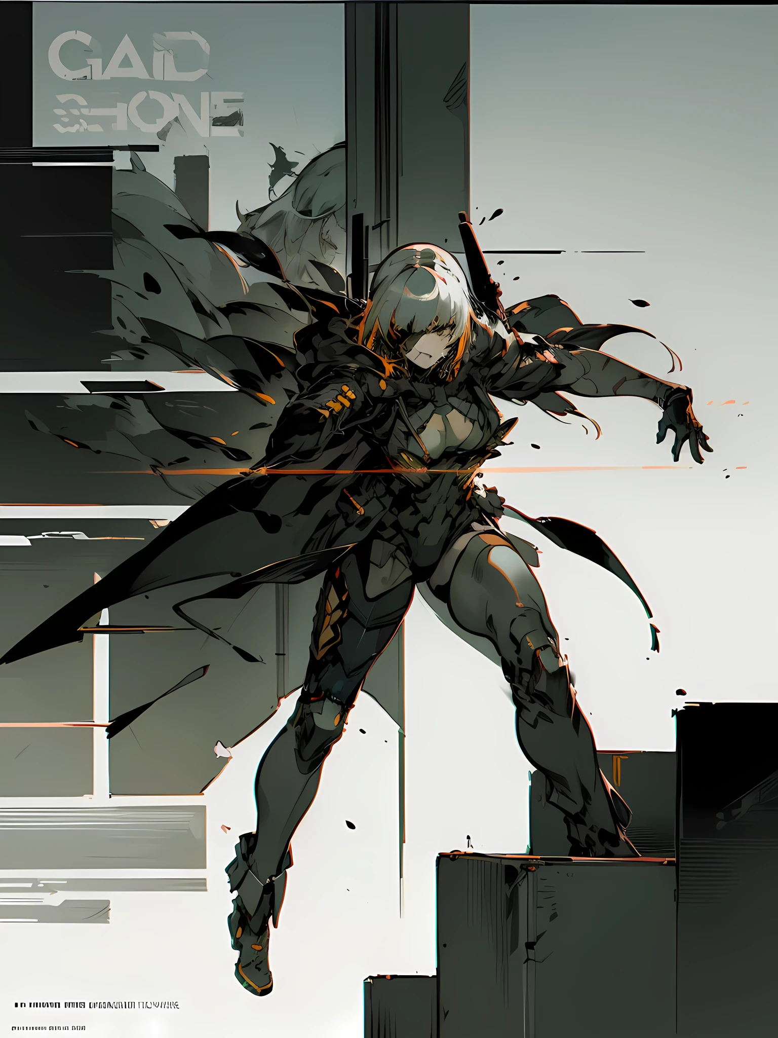 M16gflboss, (((1girl))), fullbody, Yoji Shinkawa style, Metal Gear Solid style, (masterpiece, high quality, dual-tone art illustration:1.3), (dynamic action pose), poster style, bold, captivating, sharp lines, contrasting tones, visual impact, enhanced depth, (solo character)