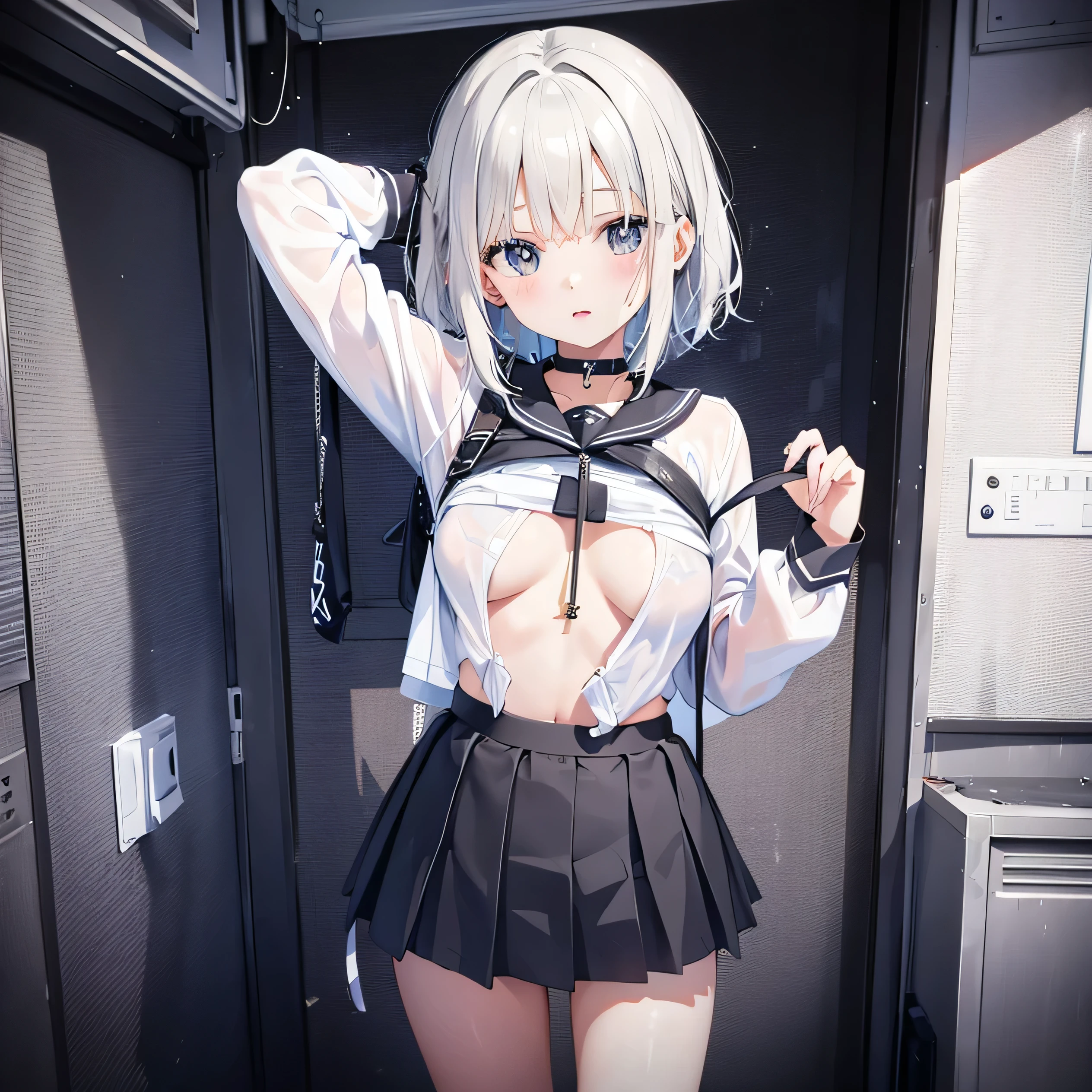 monochrome tone, black & white two tone (all image layer color), An anime girl with short hair standing in front of the sky, brown color eyes, school uniform, short skirt (check pattern), wearing headphone on neck, neck band (headphone), normal chest, 아름다운 쇄골, 아름다운 바디 라인, 아름다운 배꼽, 16-years-old girl, extreme hand detail, Promotional art, Shining Star, Visual Novel CG, official art, Key Art, shooting star, wallpaper!, official fanart, Promotional artwork, milky way,, Visual Novel Key Visual, masterpiece