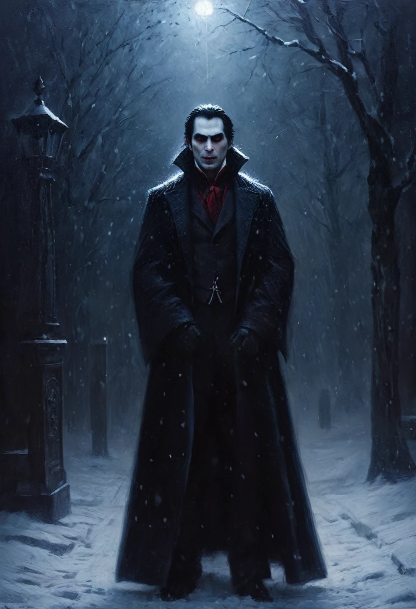 painting of a vampire, winter, snow falling, blizzard, snowstorm, dark atmosphere, cinematic scene, volumetric lights, ultra realistic, in the style of nicola samori