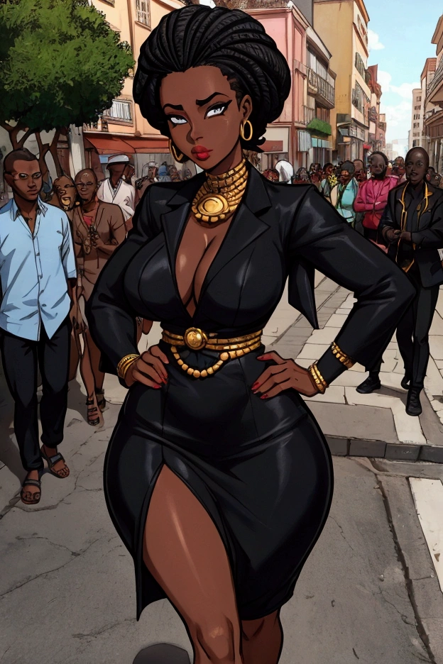 une femme noir africaine sexy aux cheveux longs debout dans une rue avec une foule derriere qui la regarde d un mauvaix oeil