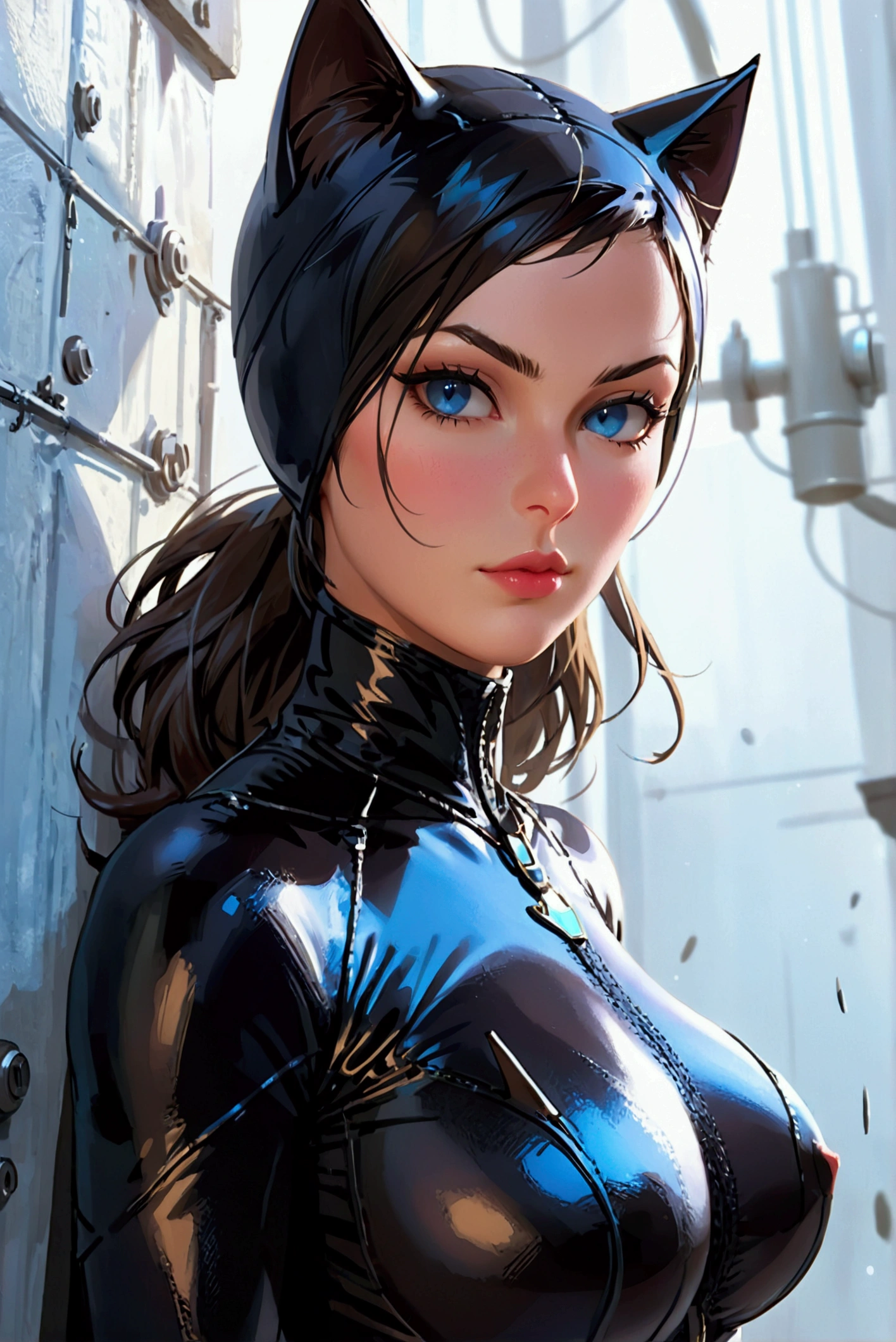 She wears a full catwoman cover suit(Best Quality, 8K, Masterpiece: 1.2, Photorealistic: 1.37), beautiful innocent and sexy 35 year old Spanish woman, beautiful very slim fit and detailed low body, beautiful detailed black hair, beautiful flat stomach, beautiful detailed toned legs, beautiful and very detailed face, beautiful detailed blue eyes, beautiful detailed luscious lips, beautiful detailed slim nose, (beautiful ultra detailed natural large breasts, extremely shaped big breasts,breasts move/bounce naturally,(beautiful thick nipples protruding,very large,fat,luscious realistic and detailed), (toned and shaped butt, detailed beautiful firm butt, round and narrow),(beautiful thick liped pussy,delicious detailed and defined),description of extreme details,vivid and intense colors,vibrant colors, the woman is in front of a white wall, V-arms behind. catwoman cosplay, cat ears,catwoman cosplay,catwoman cosplay,catwoman cosplay,catwoman cosplay,catwoman cosplay,catwoman cosplay,catwoman cosplay,catwoman cosplay,catwoman cosplay,catwoman cosplay,catwoman cosplay,catwoman cosplay,catwoman cosplay,catwoman cosplay,,catwoman cosplay,from behind, from below,from behind, from below,from behind, from below,from behind, from below,catwoman cosplay,catwoman cosplay,catwoman cosplay,catwoman cosplay,catwoman cosplay,catwoman cosplay,catwoman cosplay,catwoman cosplay,catwoman cosplay