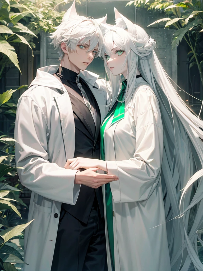 A psychologist in a white coat man with wolf ears ,handsome albino beautiful eyes ,tall 28 years old ,next to her twin sister with emerald green eyes