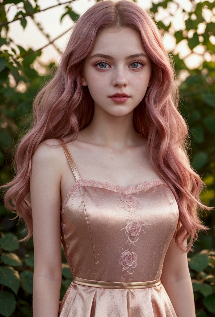 An 18 years old European girl with pale skin and long, wavy rose_gold hair. large and magenta colored eyes, full lips, with an adorable, and innocent face. She should have a happy expression, wearing a pink, gold, and rose gold colored dress, with an elegant and spider web lace theme, something that emphasizes her sweet and compassionate personality. Overall, her appearance would be striking, attracting curious looks. small chested, slender, petit, cinematic lighting, chromatic aberration, backlighting, masterpiece, high details, high quality, 4K.