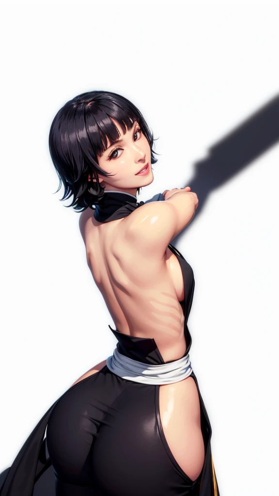(((Perfect body,White and tender skin,(((japanese clothes, sideboob,Black top, Gold belt, black sleeves, black Japanese pants ))),(((sui-feng, short hair, short hair with long locks,Black hair))),((masterpiece)),high resolution, ((Best quality at best)),masterpiece,quality,Best quality,((( Exquisite facial features,Looking at the audience,There is light in the eyes,Smile))),))),(((Light and shadow,Small chest,))),(((Looking at the camera,black background,)))),