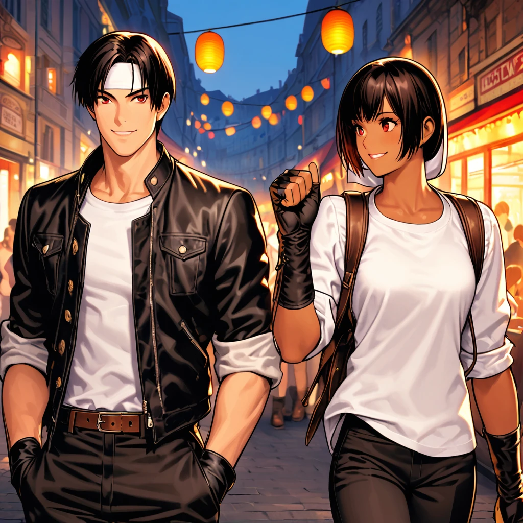 Orochikyo、Dark Skin、2 people、Red eyes、Black jacket(Rolled up sleeves)、Fingerless gloves、Black Hair、White T-shirt、((White headband))、Black pants、White shoes、Brown belt、good looking、shot、Charm、masterpiece、High resolution、Detailed face、Fine grain、night、Sky、A confident smile、Lovers with Montmartre in the background、Drink and walk、Smiling man and woman、France、Talking happily