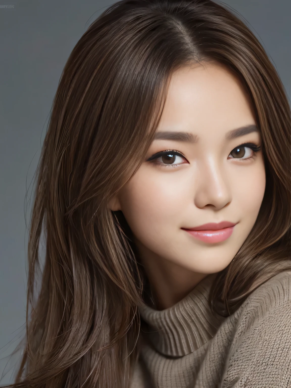 masterpiece, best quality, ultra-detailed, intricately detailed hyperdetailed, realistic, sharp features, highly detailed, sharp focus, Realistic, Photorealistic:1.3, (19 years old:1.3), perfect face, perfect symmetrically eyes, perfect full lips, hyper detailed, hyper realistic, high resolution, Fashion Model, Japanese Idol, Slender, brown hair, Stylish, model poses, Beautiful Face, light brown hair, messy hair, Beautiful hairstyle, (seductive smile:1.2), (looking at viewer), cinematic lighting, grey background, (Black knit:1.2), portrait
