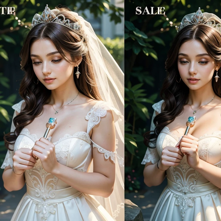 (​masterpiece, best quality:1.5), highest quality, High resolution, super detailed, Realists, Upper body photo of a brunette young magical girl, detailed and beautiful eyes, beautiful detailed lips, very detailed eyes and face, longeyelashes, white satin wedding dress, Holding a magic wand in your hand, Cast a transformation spell, With her magic wand she transforms a stone into wedding rings, Holding wedding rings in hand, Glowing wands available,Beautiful and colorful makeup, elegant and noble々The jewelry bag, Gardens as background, soft daylight, bright colors, fine brushstrokes, Portrait style, Silk dress fabric, beautiful color palette, glowing skin, First-class rendering, that captures every detail, enchanting atmosphere, subtle shadows and lights, (perfect anatomy:1.2), (The stunning magical girl in a wedding dress turns stones into wedding rings on a pillow. (a transformation with the magic wand:1.4), (magnificent panorama view:1.2)