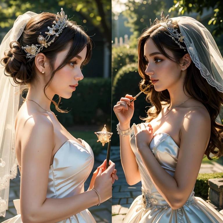 (masterpiece, best quality:1.5), highest quality, High resolution, super detailed, Realists, Upper body photo of a brunette young magical girl, detailed and beautiful eyes, beautiful detailed lips, very detailed eyes and face, longeyelashes, white satin wedding dress, Holding a magic wand in your hand, Cast a transformation spell, With her magic wand she transforms a stone into wedding rings, Holding wedding rings in hand, Glowing wands available,Beautiful and colorful makeup, elegant and noble々The jewelry bag, Gardens as background, soft daylight, bright colors, fine brushstrokes, Portrait style, Silk dress fabric, beautiful color palette, glowing skin, First-class rendering, that captures every detail, enchanting atmosphere, subtle shadows and lights, (perfect anatomy:1.2), (The stunning magical girl in a wedding dress turns stones into wedding rings on a pillow. (a transformation with the magic wand:1.4), (magnificent panorama view:1.2)