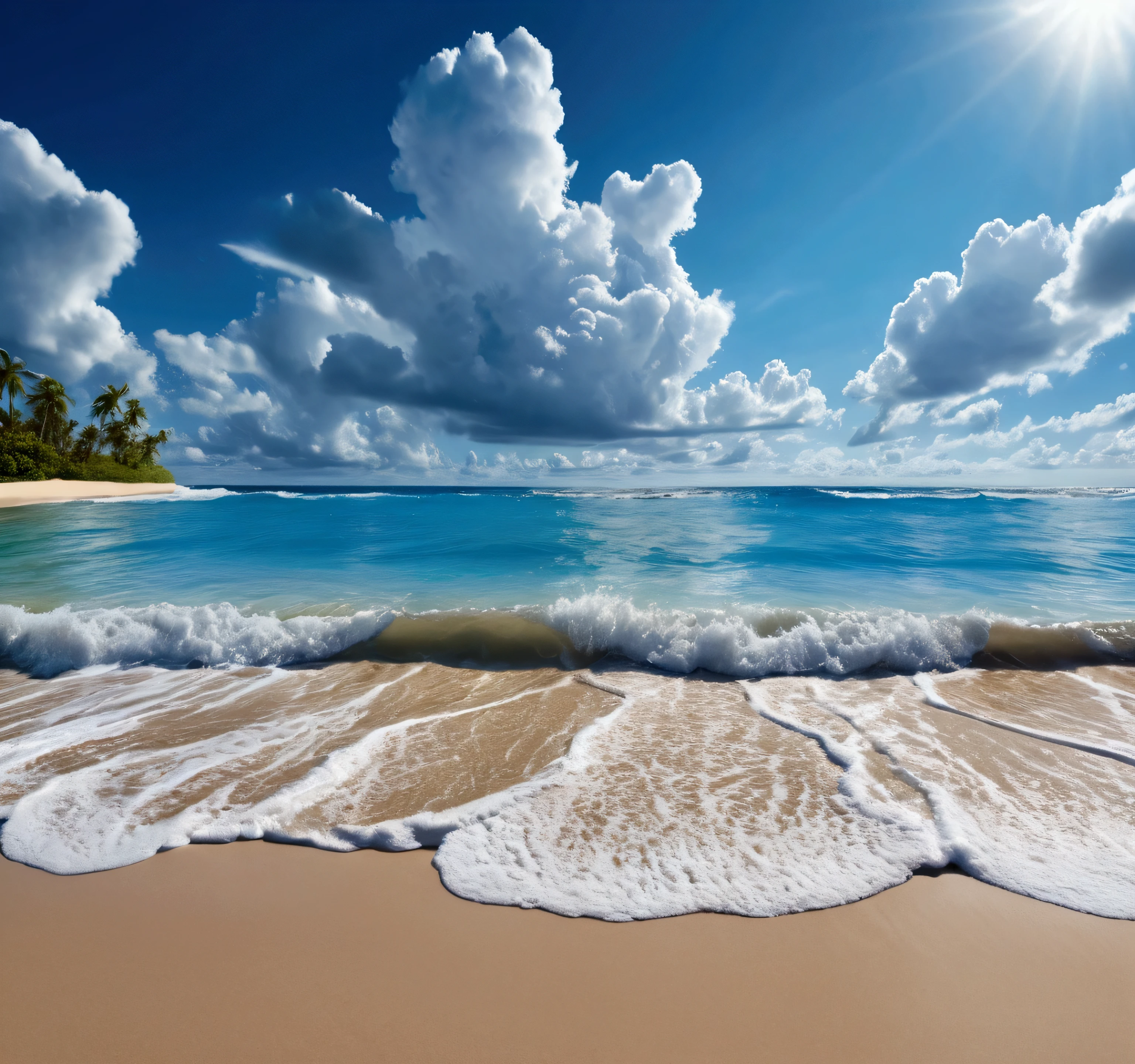 beautiful detailed tropical beach, photorealistic panoramic ocean landscape, detailed rolling ocean waves, realistic golden sand, fluffy white clouds in blue sky, (best quality,8k,highres,masterpiece:1.2),ultra-detailed,(realistic,photorealistic,photo-realistic:1.37),dramatic lighting,cinematic