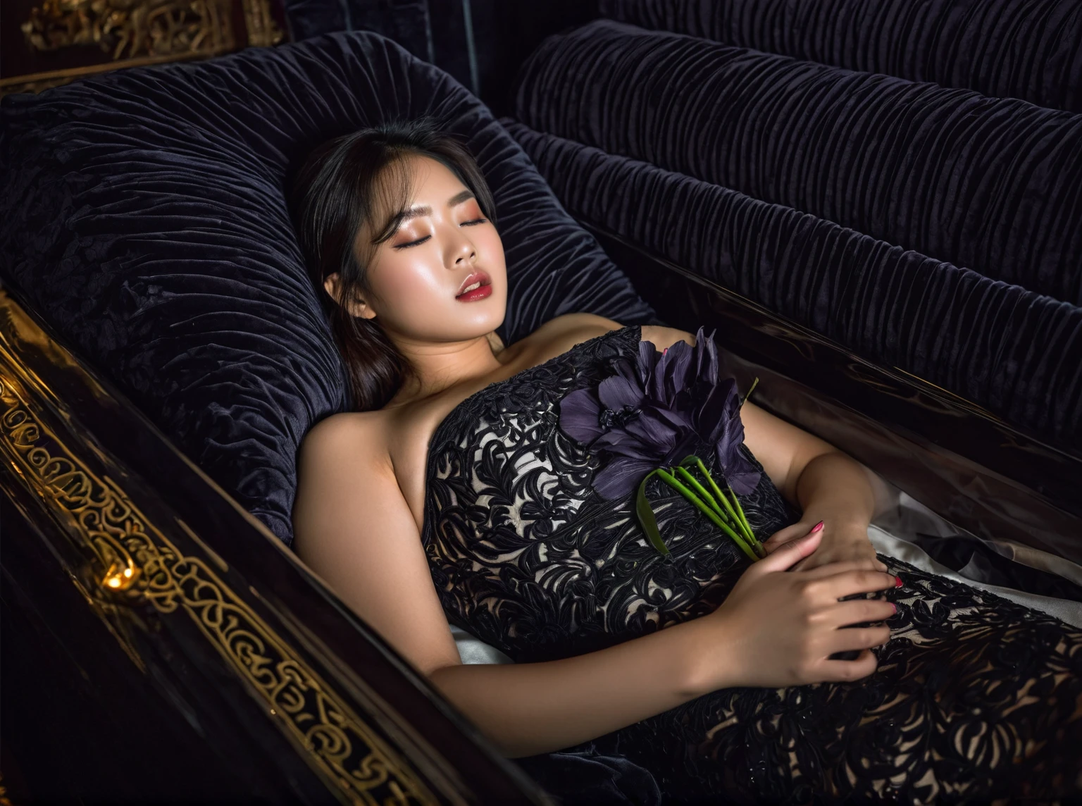In a striking 8K HDR scene, a stunning Korean woman, 22 years old, lies peacefully in a black coffin surrounded by plush pillows. The deep box is set against a rich black background, accentuating the beauty of the subject. Her exquisite deep-V neckline kebaya attire is embroidered with superb detail, showcasing her round and firm breasts, perfect cleavage, and beautiful eyebrows. Her closed eyes and mouth give an air of serenity, while her visible and absolute cleavage leave nothing to imagination. The scene is bathed in saturated colors, highlighting every intricate aspect from the ball skirt to her clean face, straight body, detailed hand perfect hands, straight body, own hands together, own hand on stomach, detailed hands, perfect hands.