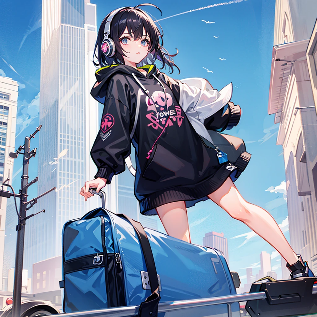 Bright sky ,skyscraper, Black Hair, masterpiece, Anime girl alone, Unbelievably absurd, hoodie, Headphones, street, Outdoor, Contrail
