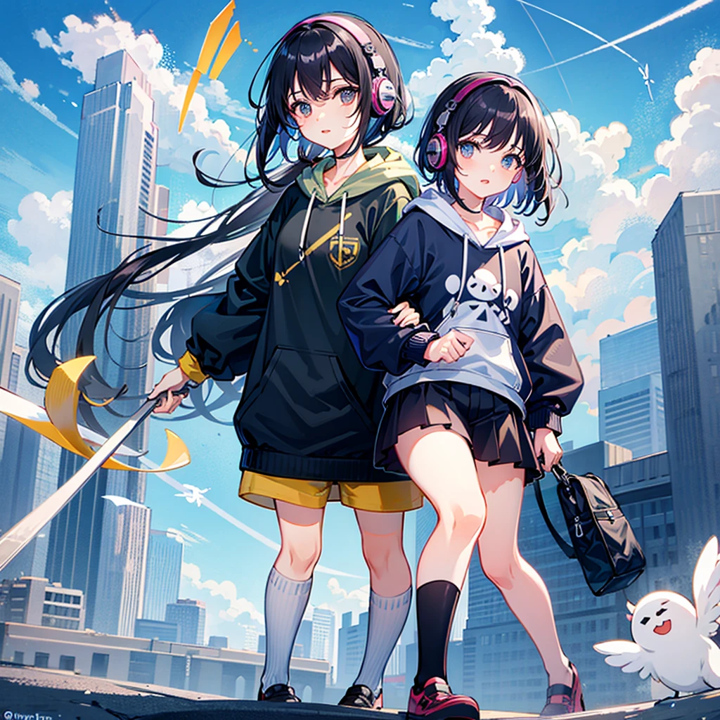 Bright sky ,skyscraper, Black Hair, masterpiece, Anime girl alone, Unbelievably absurd, hoodie, Headphones, street, Outdoor, Contrail
