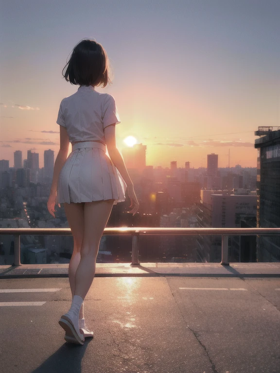 anime、(((Tokyo at sunset)))、One Woman、Short Hair、White see-through blouse、Blue tight skirt、Hair fluttering in the wind、Full body portrait、Backlight、