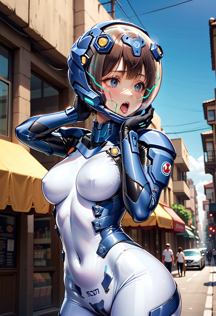 short hair, street, emo, BLACK hair, white eyes, eyeliner, apocalypse, (astronaut, girl, road, city, fortified suit, ((blue:1.5) plugsuit), short hair, outdoors, cinematic light, medium breasts, covered navel, space helmet, muvluv, space helm, eva helmet,[legs bent, ,ahegao, rolling eyes,saliva, drooling, sweat, trembling, HARD TO BREATH,, (hands up:1.6), (holding head:1.7), upper body