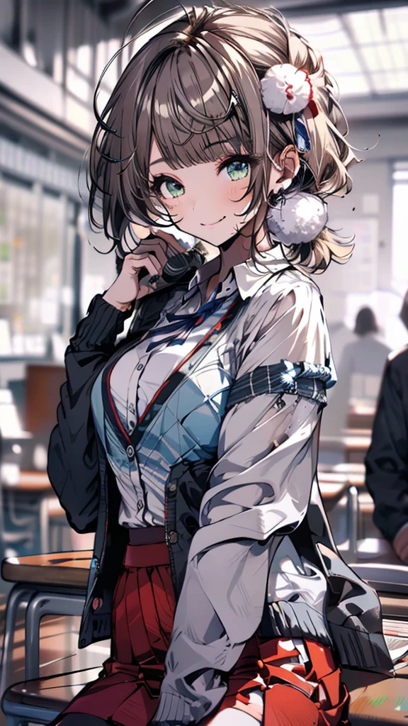 masterpiece, Highest quality, High resolution, ui2, One Girl, alone, Green Eyes, alone, Red Skirt, White shirt, Low Twintails, pom-pom \(Clothes\), Collared shirt, Blue Ribbon,, Long sleeve, cardigan,Swimwear,Cowboy Shot, Sitting, classroom, mechanical, put your hands on the table, smile, Show me your armpits, Raise your arms
