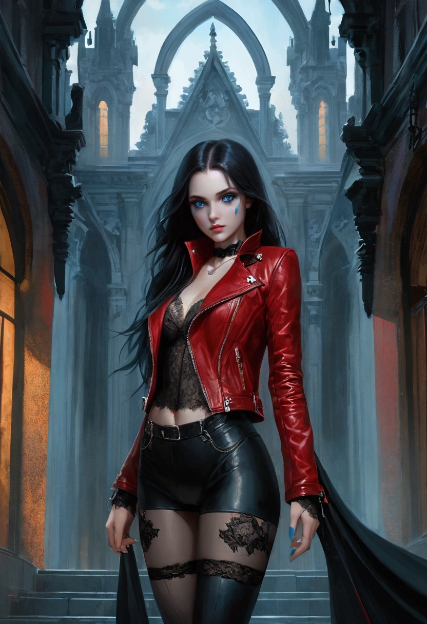 ((Intricate details)),dark fantasy style, GLOOMY AMBIANCE, (Beautiful succubus girl, Long hair), (Beautiful symmetrical blue eyes), (Sexy black lace outfit), (Red leather jacket), Various shades and gradients, Clear focus, Dynamic poses, (Ed Blinky's magnificent paintings, Artie Guerin, author:Jeremy Mann, Greg Manches),(The work is set against a backdrop of magnificent buildings that combine classical and Gothic styles.)