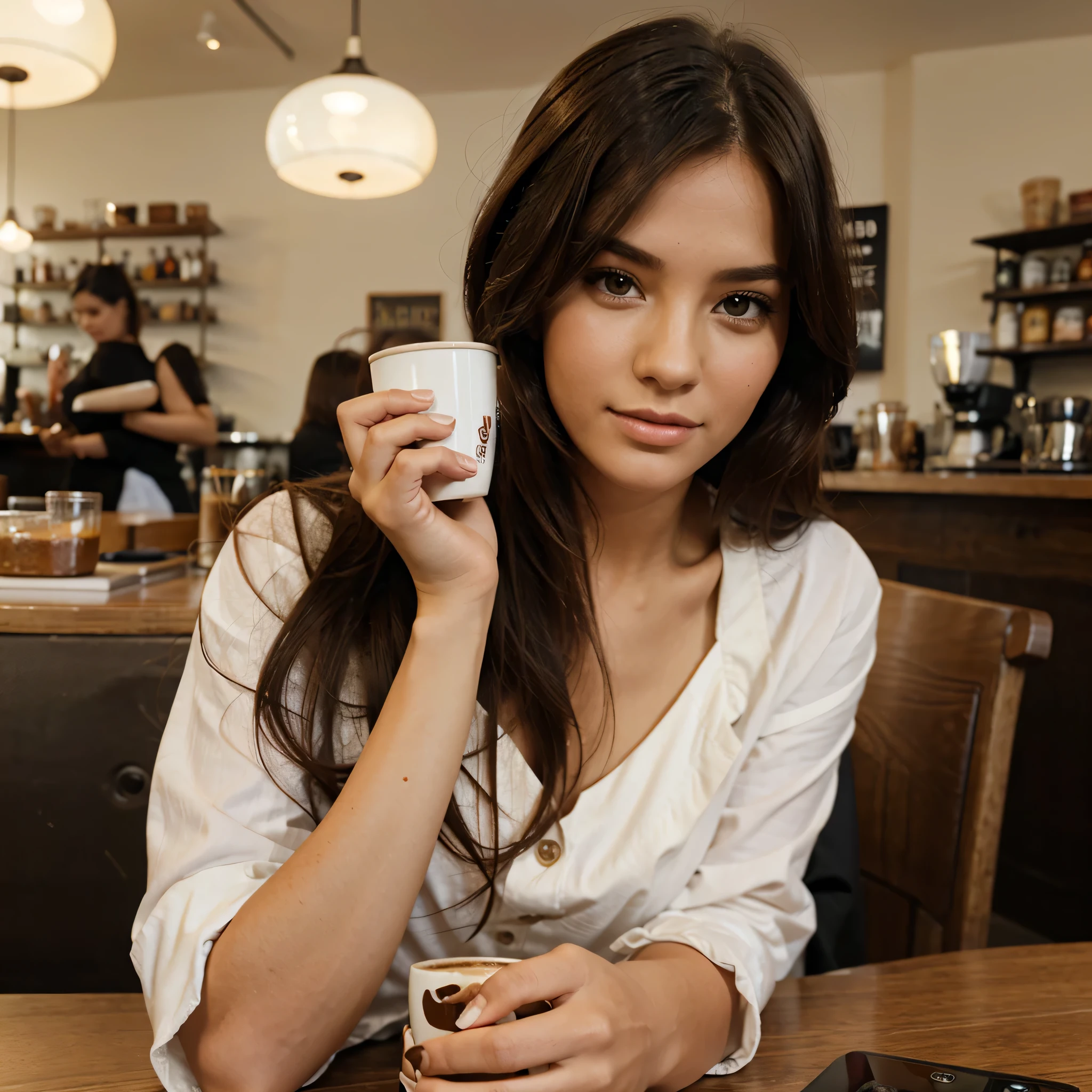 female model in a cafe drinking a cup of coffee