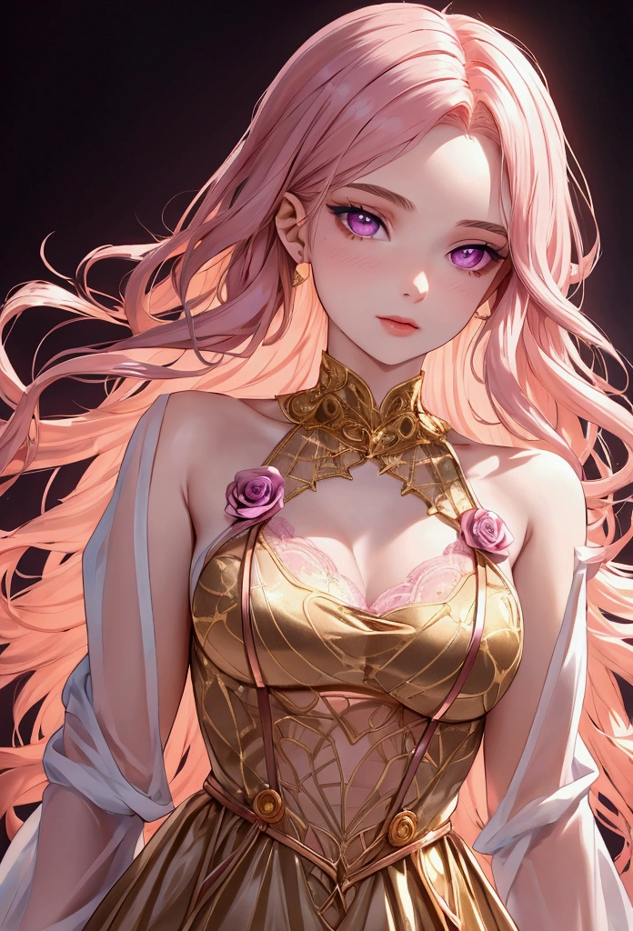 An 18 years old European girl with pale skin and long, wavy rose_gold hair. large and magenta colored eyes, full lips, with an adorable, and innocent face. She should have a happy expression, wearing a pink, gold, and rose gold colored dress, with an elegant and spider web lace theme, something that emphasizes her sweet and compassionate personality. Overall, her appearance would be striking, attracting curious looks. small chested, slender, petit, cinematic lighting, chromatic aberration, backlighting, masterpiece, high details, high quality, 4K.