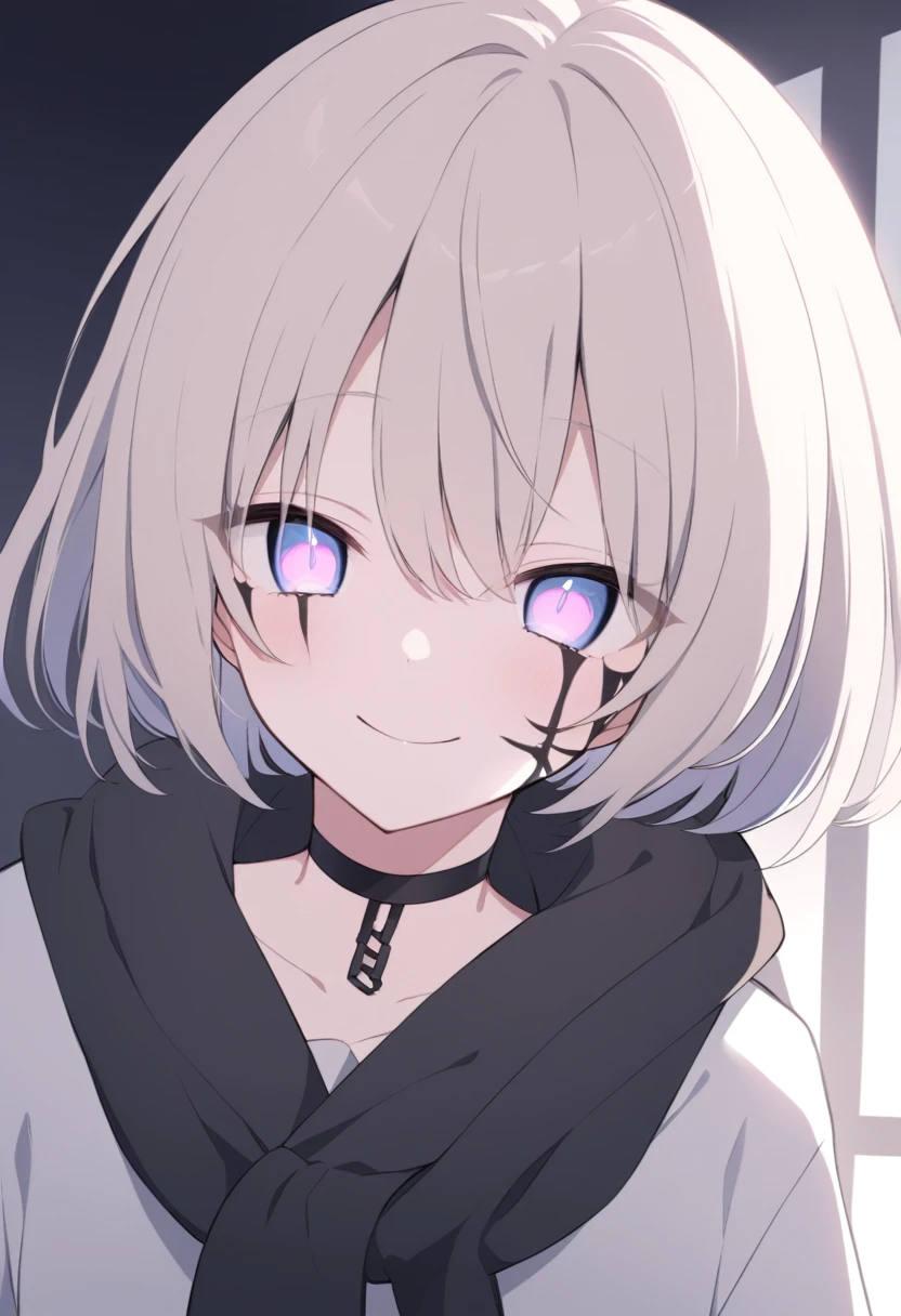Yandere ♡eye light-colored hair Black strings are hung on both sides slightly sideways Looking this way Smiling with a cold expression Shadow on face hair that grows to the waist Wearing a choker around his neck whole body