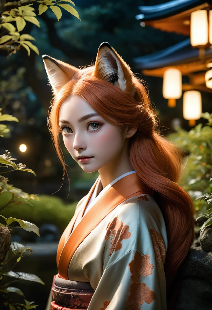 realistic, analog photo, Masterpiece, RAW photo, full-length portrait, hyper realistic, ultra detailed image, Kizune, (mythical Creature of Japanese Mythology And Folklore), detailed portrait of anthropomorphic she-fox, with fox tail, in traditional japan garden, moonlight, little spotlight, fractal, cover, detailed background, depth of field, HOF, hall of fame, detailed beautiful eyes, detailed beautiful face, natural body posture, lifelike skin texture, kodak portra 400, 16k, ultra detailed, bokeh lighting, dark fantasy atmospheric, fantasy aura, film grain, cinematic light, cinematic composition, depth of field, rim light