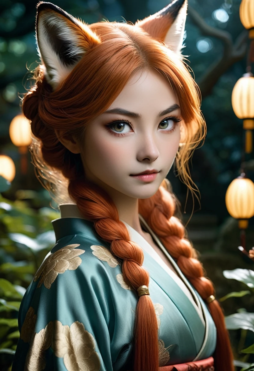 realistic, analog photo, Masterpiece, RAW photo, full-length portrait, hyper realistic, ultra detailed image, Kizune, (mythical Creature of Japanese Mythology And Folklore), detailed portrait of anthropomorphic she-fox, with fox tail, in traditional japan garden, moonlight, little spotlight, fractal, cover, detailed background, depth of field, HOF, hall of fame, detailed beautiful eyes, detailed beautiful face, natural body posture, lifelike skin texture, kodak portra 400, 16k, ultra detailed, bokeh lighting, dark fantasy atmospheric, fantasy aura, film grain, cinematic light, cinematic composition, depth of field, rim light