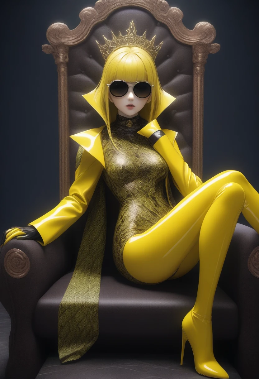 ((Super realistic details)) Shadow、octan render、8K、ultrasharp、Steampunk Body、Details of complex ornaments、cold color、Gothloli details、highly intricate detail、Realistic light、CGSoation Trends, radiant eyes featuring a stylish and confident evil dominatrix queen, she has an arrogant look .modern fashion. dressed in bold and fashionable all yellow rubber outfits, showcasing a unique combination of elegance and strength. attire includes sleek, form-fitting dressed and bodysuit made of shiny materials, paired with oversize long latex coat that have (((dramatic high collar of coat))), (((high collar of coat))) (((very high and wide collar of coat))), (((collarbone))) and intricate patterns. The colors and designs vary, featuring a long coat with patterned latex coat. outfit is accentuated with latex boots and latex gloves, sunglasses, emphasizing her commanding and poised presence. Highlight her modern, daring fashion sense and her ability to dominate any space with her fashionable and assertive demeanor, sexy pose Sit with your legs apart, Leg spread, on (( throne in palace)), nudity. Surrounded by sex slaves