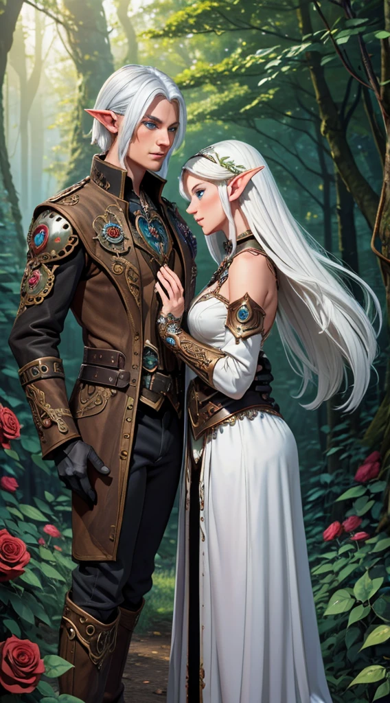 A white-haired elven maiden and a steampunk golem with black skin and blue eyes, hands almost touching in the middle of a forest full of roses with gears at their feet,
unity, auslese,
harmony, duality,
Mystical Bond, Intertwining destinies, mechanical heartbeat, elven fascination