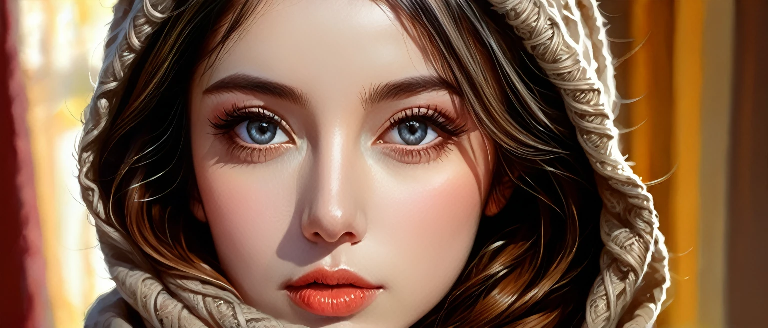 there is a woman with a scarf around her neck, hyper realistic digital painting, hyperrealistic digital painting, photorealistic digital painting, ultra realistic digital painting, realistic digital painting, hyperrealistic eyes, hyper realistic digital art, ultra-realistic digital art, hyper realistic style, hyper realistic eyes, hyperrealistic digital art, perfect photorealistic eyes, realistic digital illustration