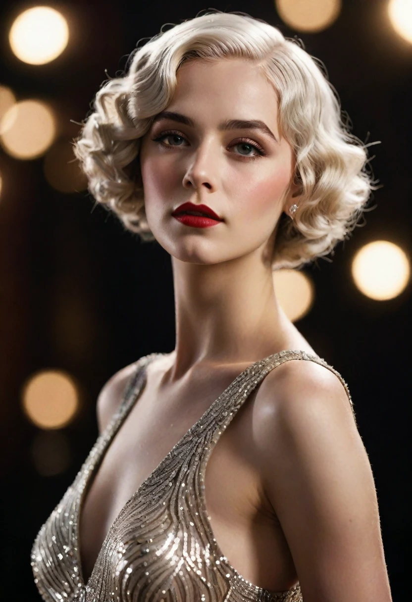 girl, 20 years old, (((elegant 1920s singer))), waterwave hairstyle, vintage sequined dress, femme fatale, photorealism, highly detailed, ultra quality, cinematic lighting, realistic skin texture, (((white hair))) (feminine), ((alluring facial expression)), ((exquisitely detailed facial features)), ((perfect eyes)), 8k wallpaper, nikon, trending on Artstation, trending on CGSociety, (sensual), ((full lips)), (((slim waist))), (((wide hips))),