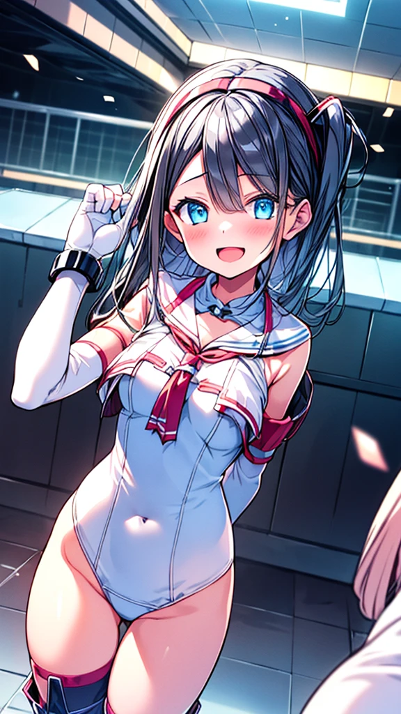 (whole body),1 girl, alone, smile, Open your mouth, angelMagicalClothes，blue eyes，Black Hair，Long Hair，白のスクールSwimwear，one piece_Swimwear, elbow_gloves, Knee-high socks，boots，1 girl, masterpiece, high quality, 最high quality,  beautiful背景, Particles of light, Light of the sun, Dramatic lighting, outside, Shiny, Realistic, 最high quality, Very detailed, Get used to it, scenery, beautifullyて細かい目, Thinning hair，whole bodyショット，((Very detailedな背景)), ((Cowboy Shot,Dynamic Angle))，1 girl,(Shiny肌:1.3),(beautifully濃厚な肌),(Thinning hair), masterpiece, high quality, High resolution, Confused,(beautifully、beautiful:1.2), beautiful手, (4K), 8k, Perfect balance,(Very detailedな CG Unity 8k 壁紙), Perfect hands, Embarrassing, Intricate details,Written boundary depth,Professional photography, Bokeh, High resolution, Sharp details, 最high quality, Thick thighs,