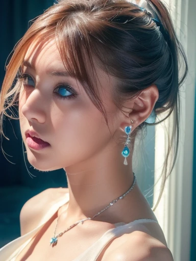 (masterpiece, highest quality:1.2), 8k, 85mm, Raw photo, confused, white and cyan theme, (liquid clothes, liquid dress:1.4), gray hair, gradient dress, delicate girl, Upper body, close your face, shiny skin, , looking at the viewer, HDR, sharp focus, particle, dusk sky, shiny skin, small eyes and face, colorful background, simple background、earrings、necklace、clavicle、twin tails、Platinum Jewelry、Heavy makeup