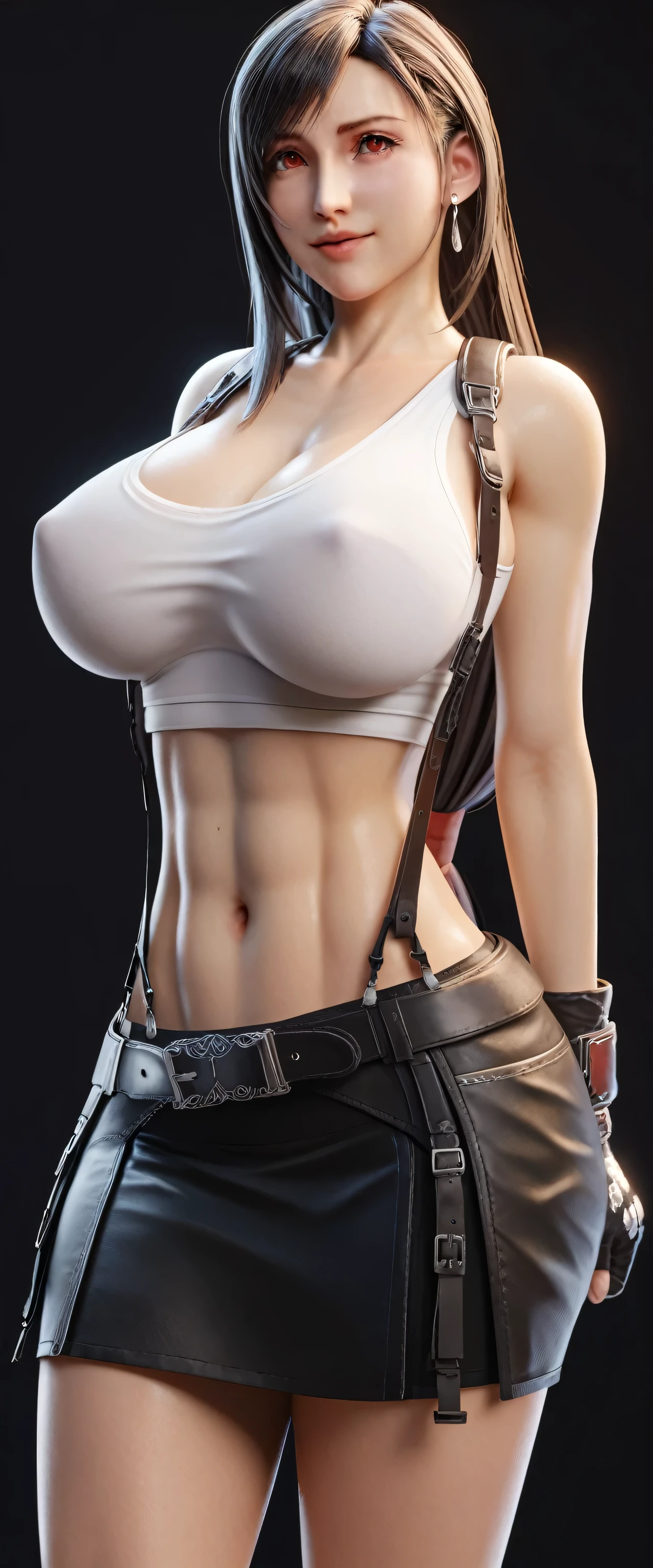 Trends on ArtStation, Trends on CGSociety, Intricate, High Detail, Sharp Focus, Dramatic, simple black background, Tifa Lockheart of Final Fantasy, Tifa's original Final fantasy 7 costume, 25 years old, mature looking, Realistic Art of Drawing by Midjourney and Greg Rutkowski, Sketch, Masterpiece, Best Quality, Very Detailed, 1female, Half-body, head to bust image scope, buts portrait, close-up shot, white tank top and black leather skirt, standing position, Beautiful Meticulous Eyes, Cute Face, Bust, big bossoms, Beautiful Meticulous Face, White Hair, (Botanical Illustration: 1.5), no pornographical exposure, bigger breasts
