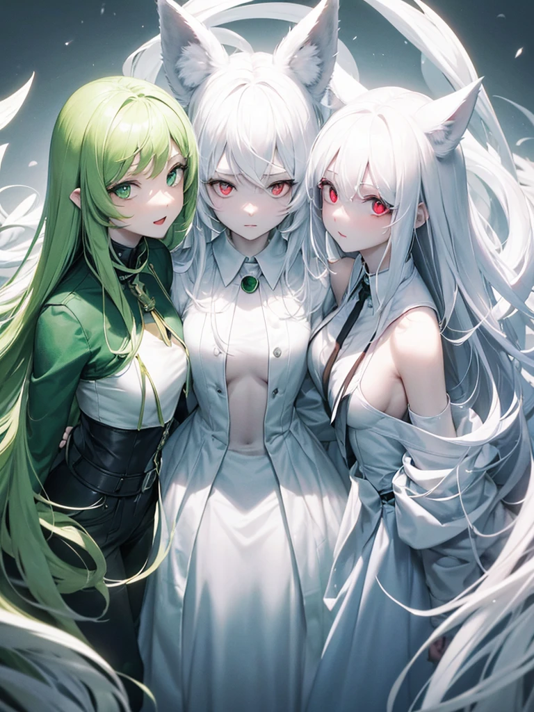 A psychologist with a white coat and wolf ears, beautiful red eyes, albino, tall, 28 years old, along with his two twin sisters with emerald green eyes.