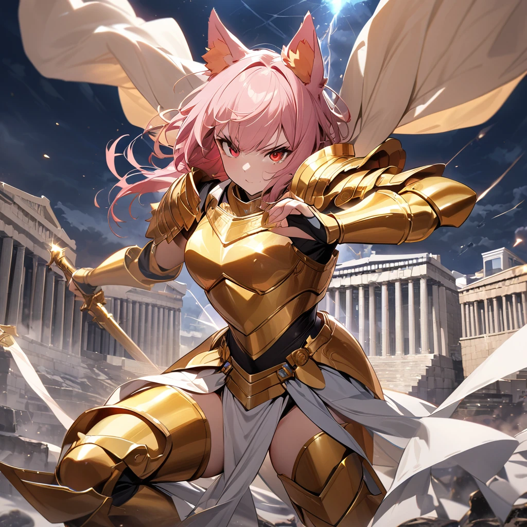 Top quality, masterpiece, high resolution, ちびキャラ,pink hair, animal ear girl, red eyes, shining golden armor, battle stance, Greek building, Parthenon, night view, meteor